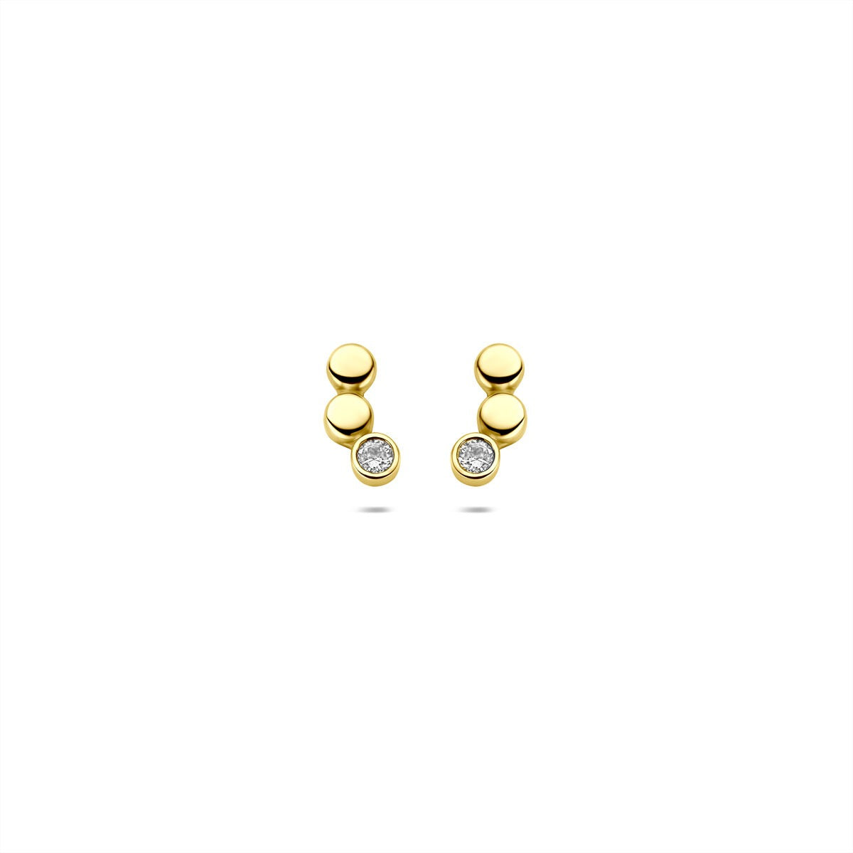 9k gelbgoldene Ohrstecker mit Zirkonia, 8,5x4mm, drei runde Elemente und ein funkelnder Stein