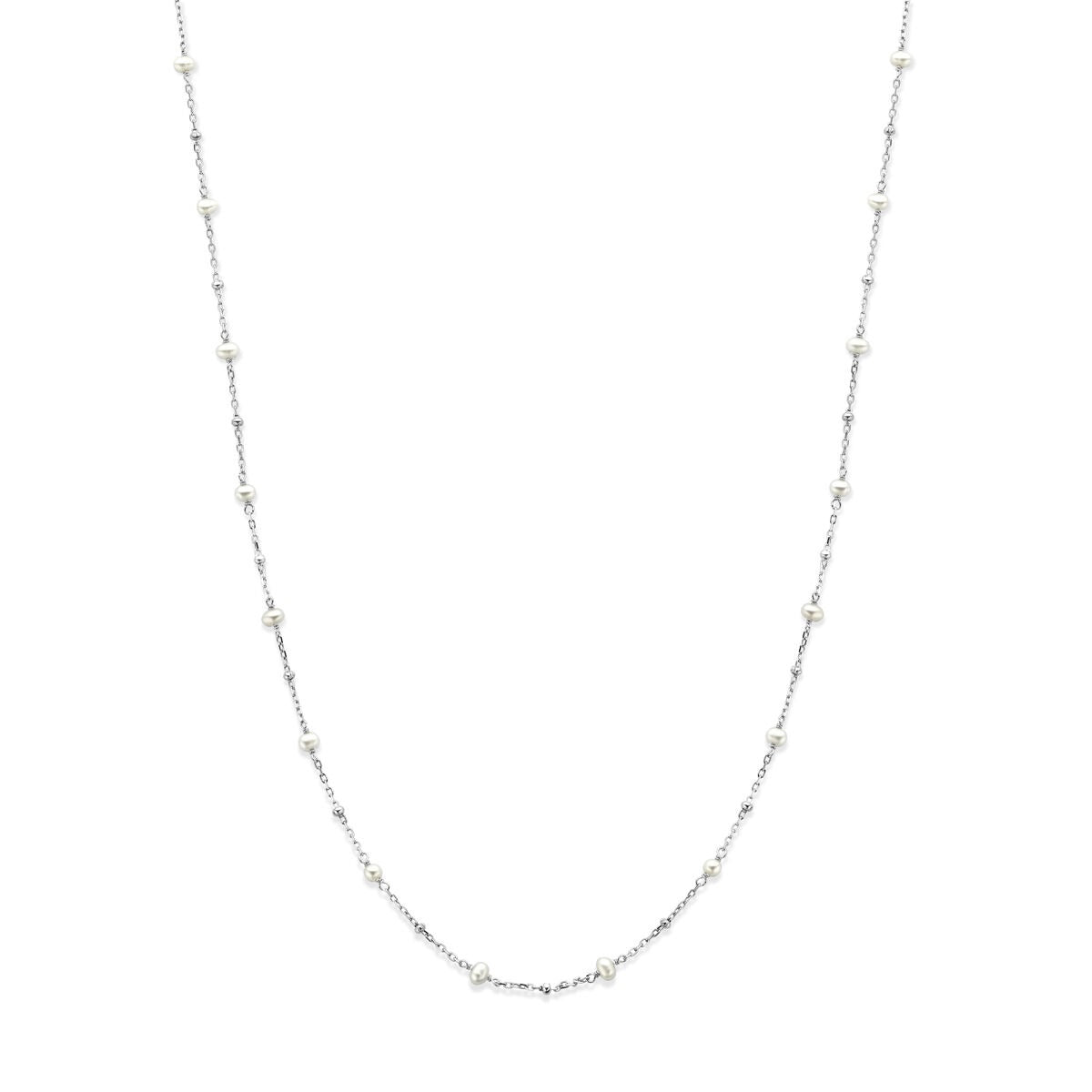 Halskette aus rhodiniertem 925 Silber mit weißen Perlen und feinen Gliederungen