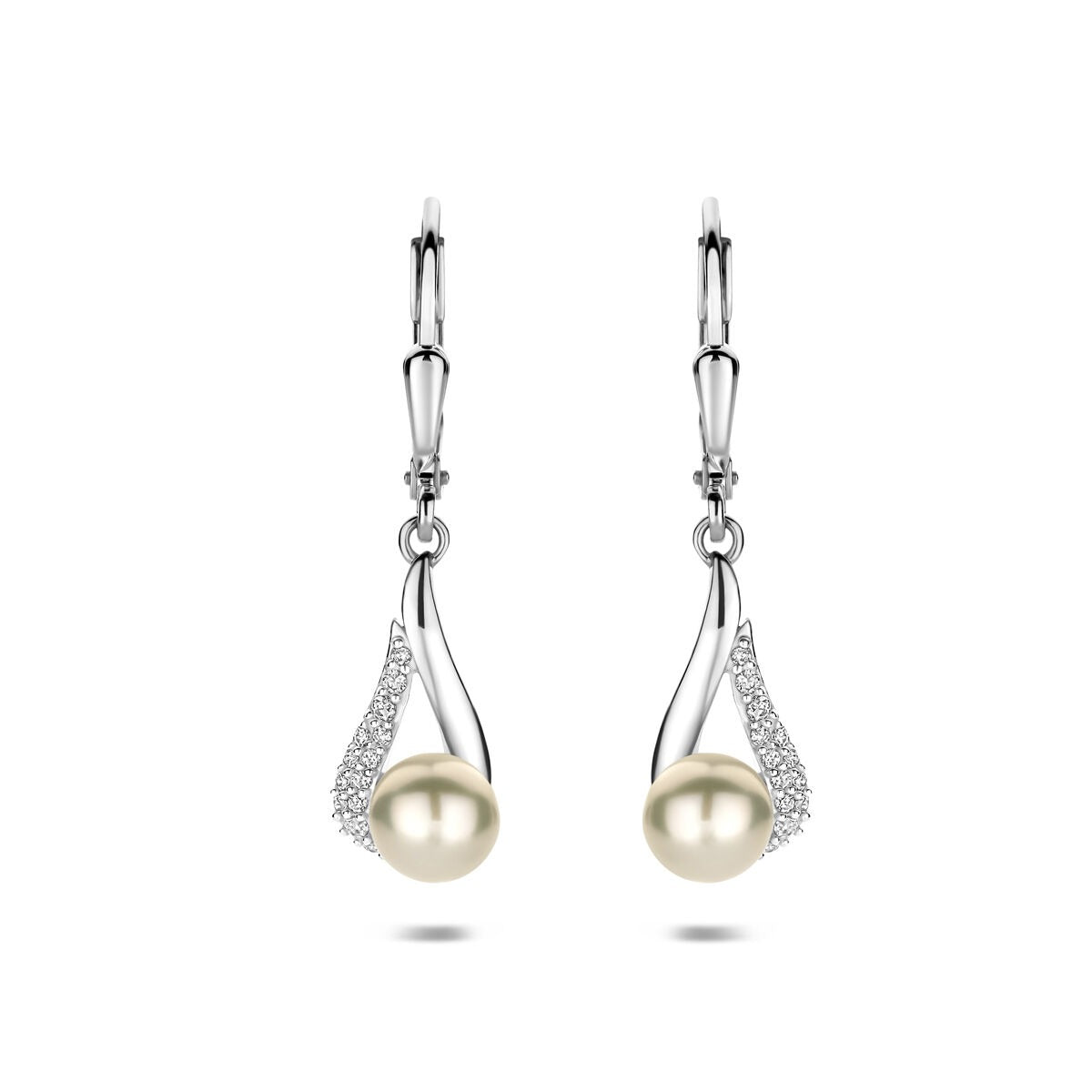 Silberne Ohrhänger mit einer Perle und Zirkonia, rhodiniertes 925 Silber, 30 mm lang