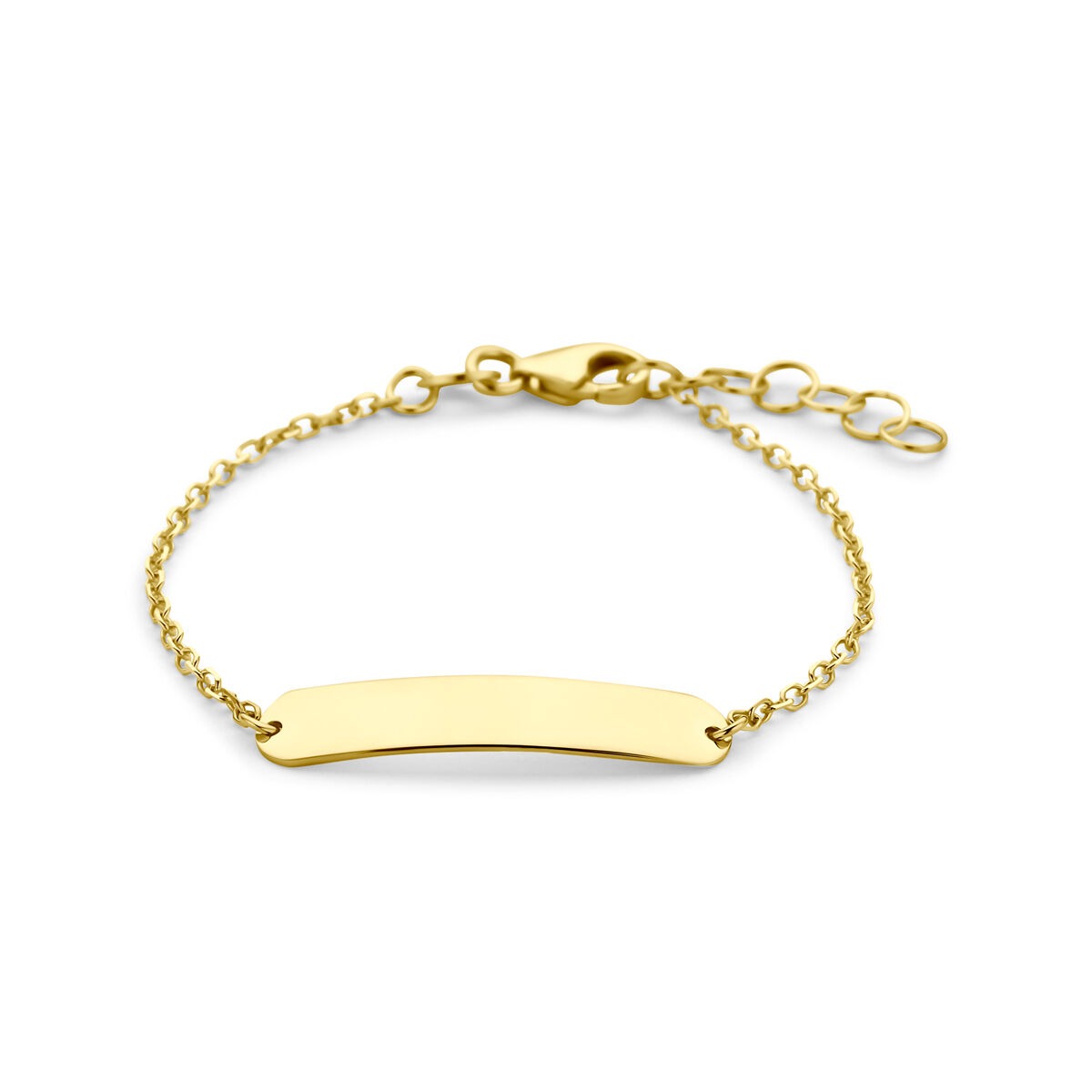 Baby-Graveurarmband aus 9 Karat Gelbgold mit glattem, ovalem Plättchen und feiner Kette