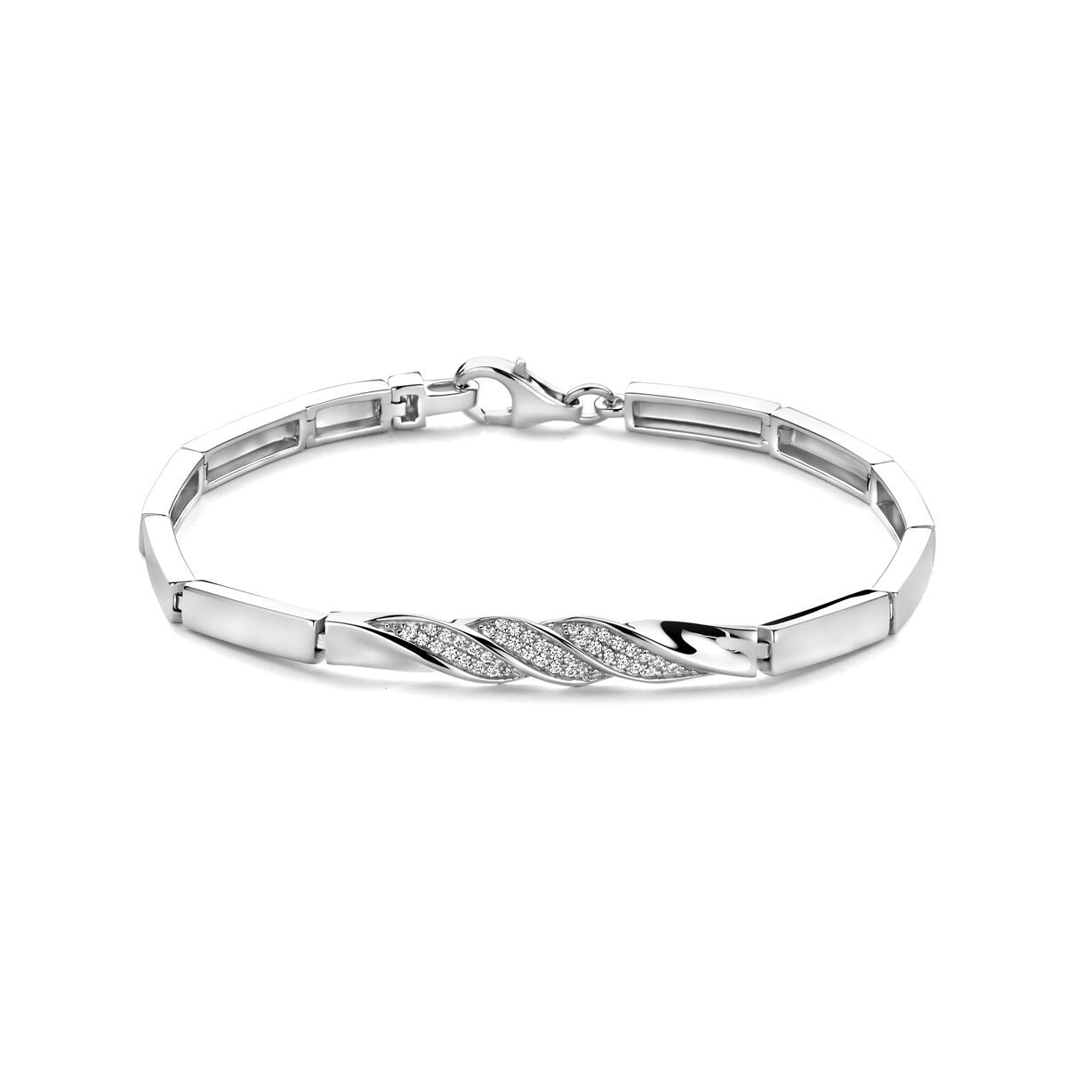 Armband aus rhodiniertem 925 Silber mit Zirkonia, glänzende und matte Elemente in gewelltem Design