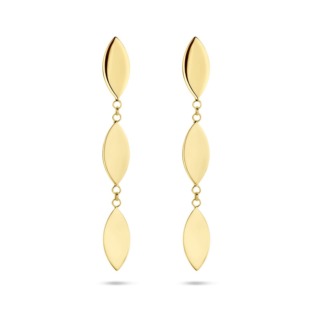 Ohrhänger aus 14K Gelbgold mit drei ovalen, schimmernden Elementen in einer langen Anordnung