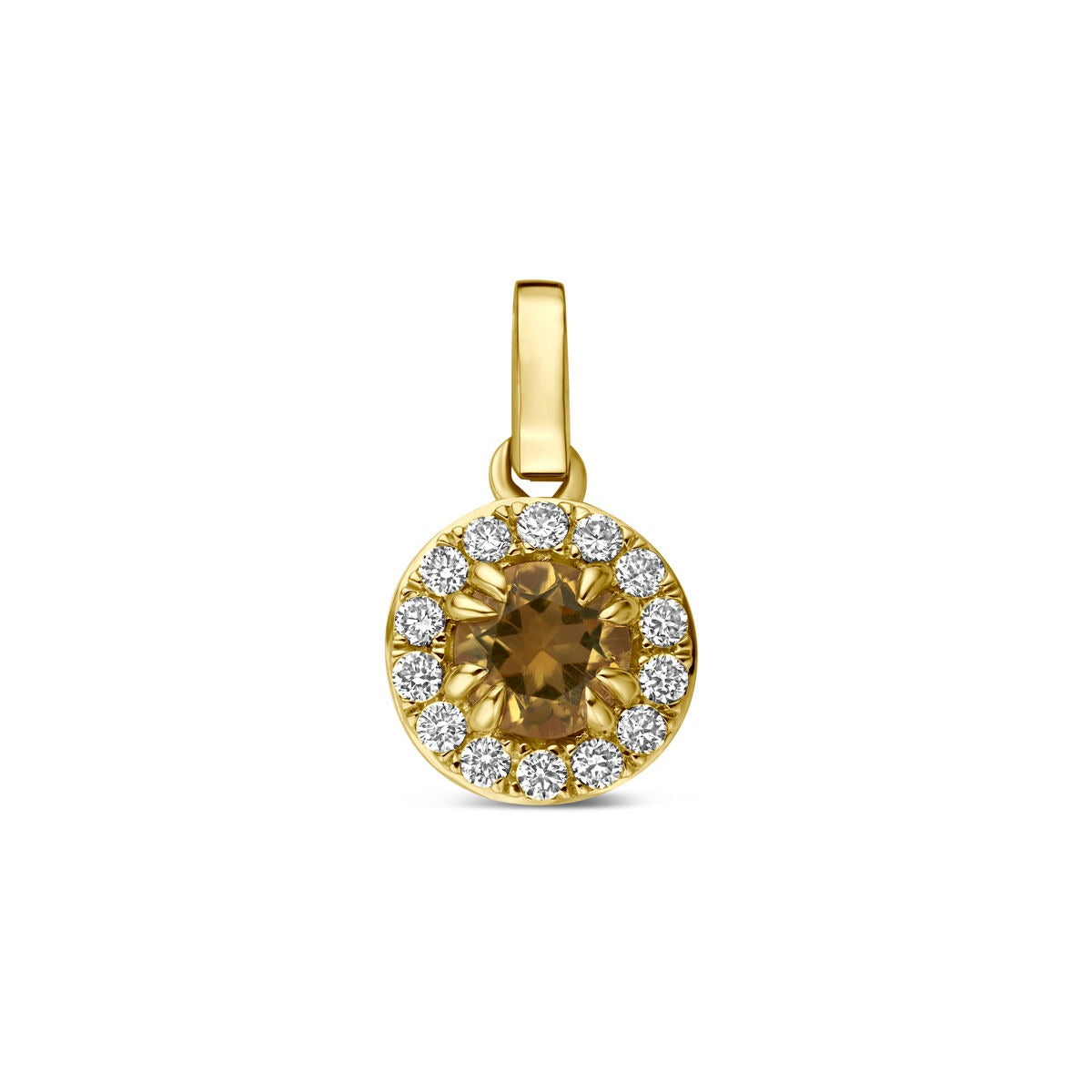 Hänger aus 14k Gelbgold mit einem runden Citrin und umgeben von lab-grown Diamanten