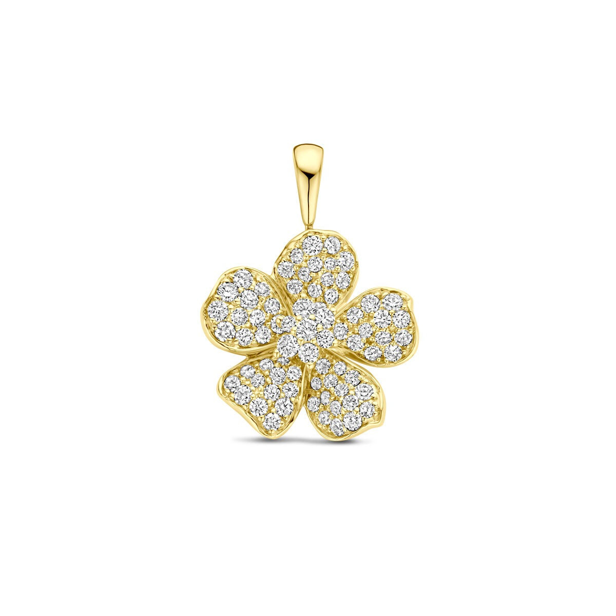 Anhänger in Blumenform aus vergoldetem Material mit funkelnden Zirkonia-Steinen
