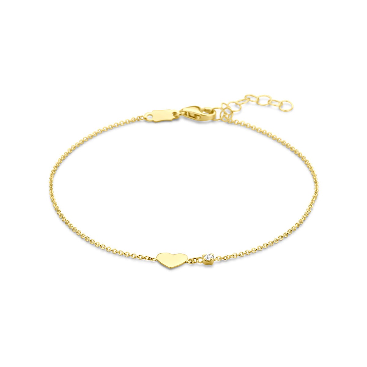 Armband aus 14k Gelbgold mit Herz und Diamant, Länge 16-18 cm