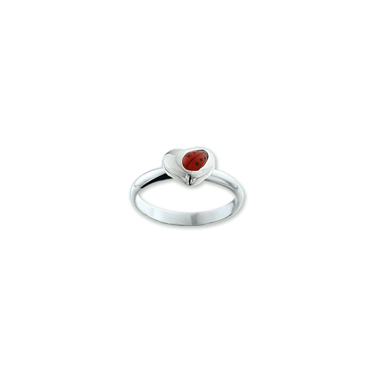 Ring aus rhodiniertem Silber mit Herz und rotem Marienkäfer