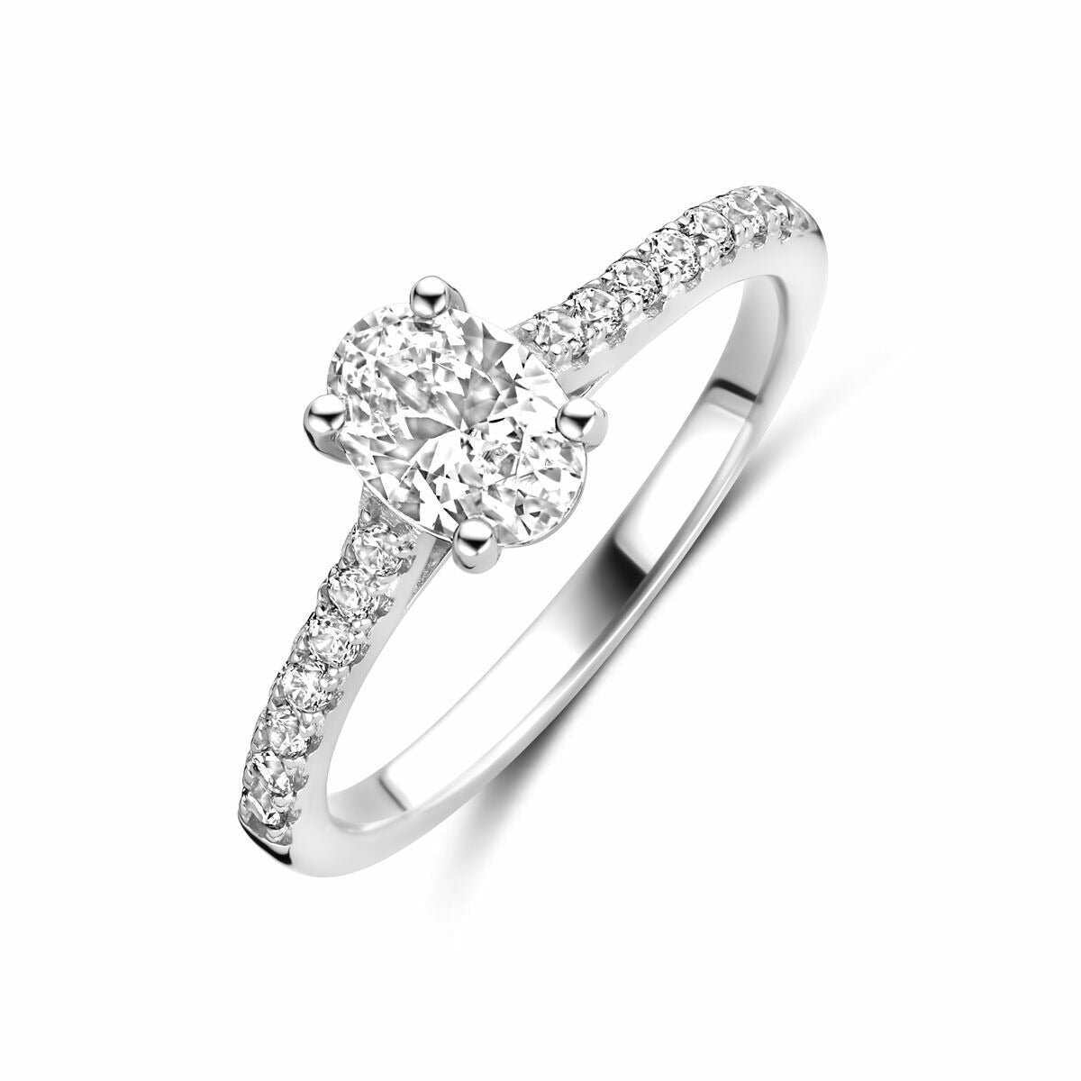 Zweiteilige Damenring aus rhodiniertem 925 Silber mit ovalem Zirkonia und funkelnden Steinen am Band