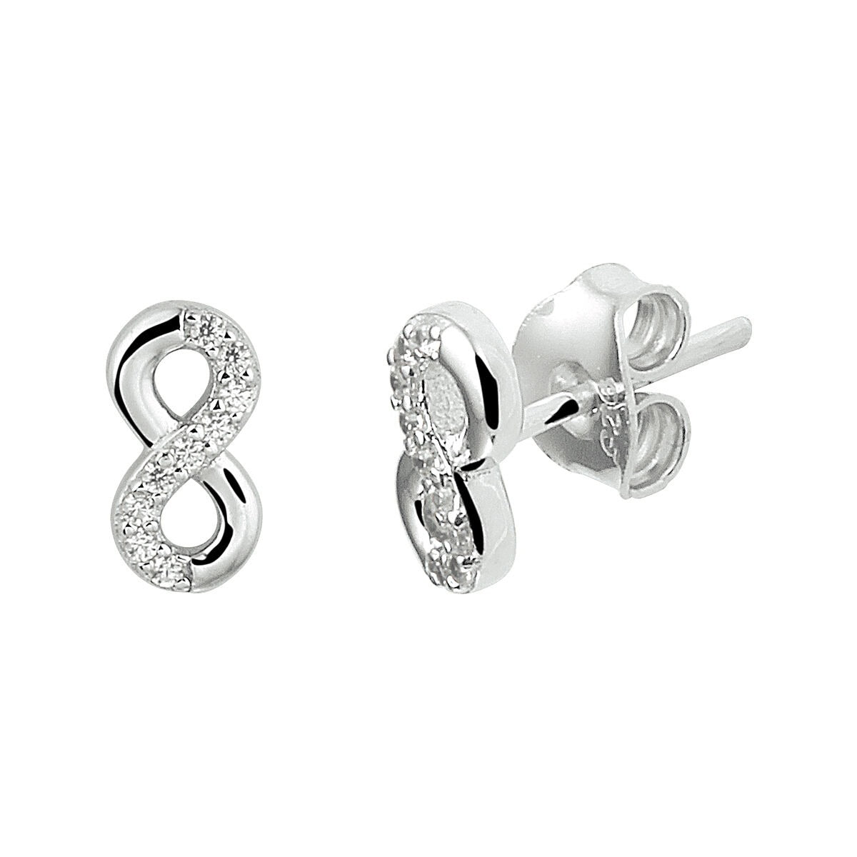 Gerhodinierte 925 Silber Infinity-Ohrstecker mit Zirkonia in Form einer liegenden Acht