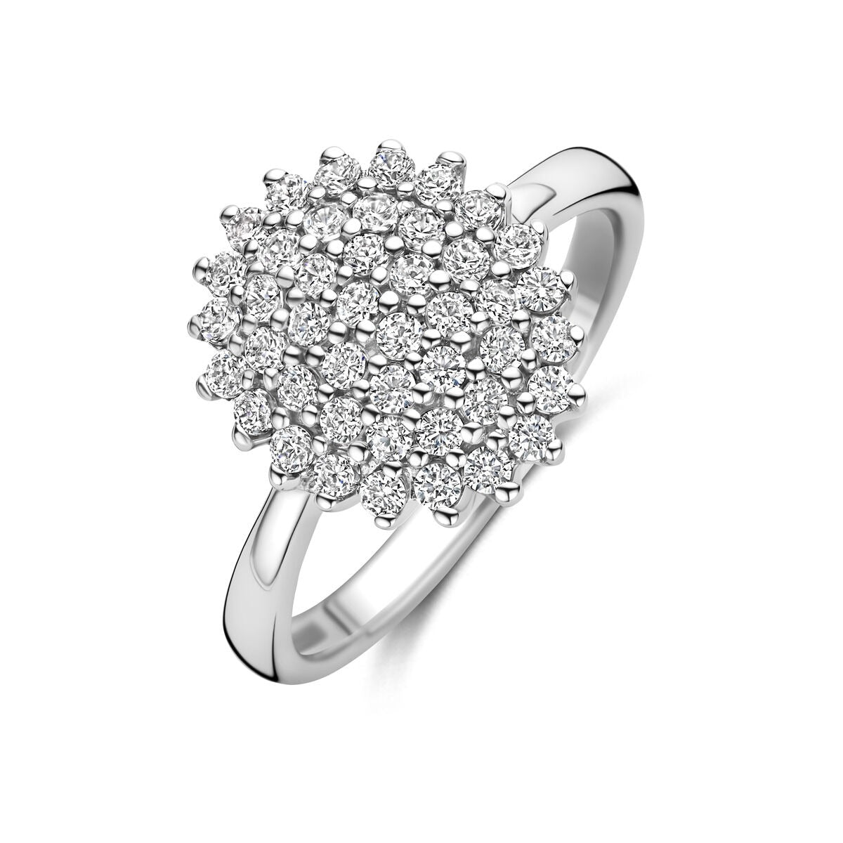 Ring aus rhodiniertem 925er Silber mit Zirkonia, blütenförmiger Kopf mit vielen funkelnden Steinen