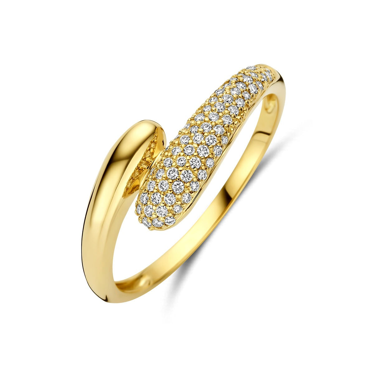 Ring aus 14k Gelbgold mit 0,15 ct Diamanten, geschwungene Form und funkelnder Oberflächenverzierung