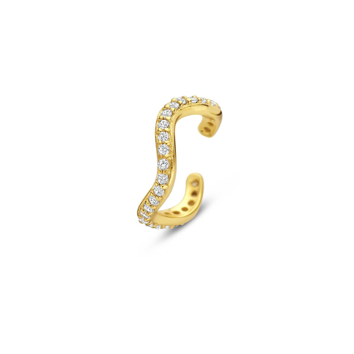 Vergoldeter Silber Ear Cuff mit Zirkonia, geschwungene Form und subtiler Glanz ohne Piercing