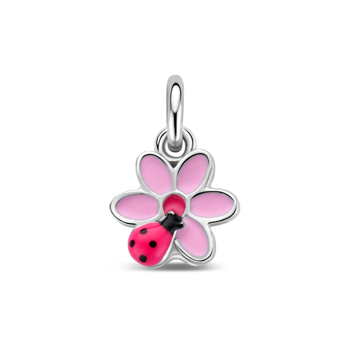 Hängender Anhänger aus rhodiniertem 925 Silber in Form einer pinken Blume mit einem roten Marienkäfer