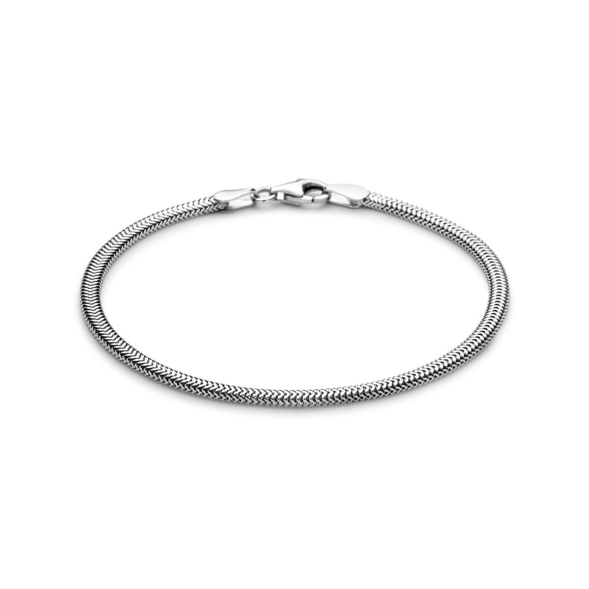 Schlangenarmband aus rhodiniertem 925er Silber mit feiner, flexibler Struktur und Karabinerverschluss