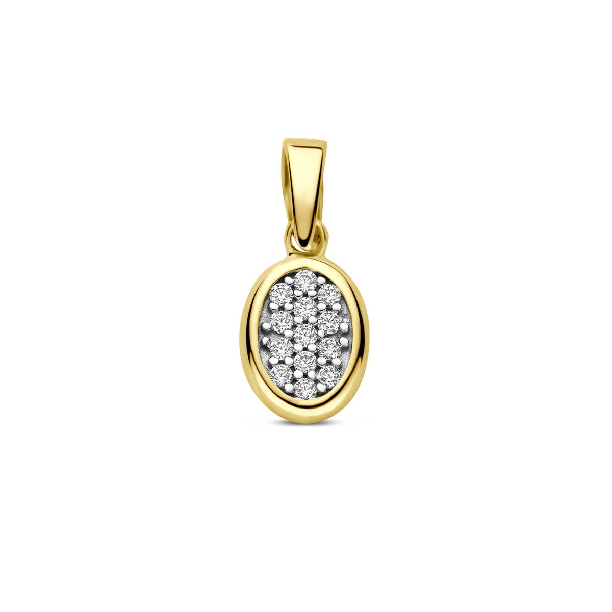 Ovaler Anhänger aus 14k Gelbgold mit Zirkonia-Steinen in einer glänzenden Fassung
