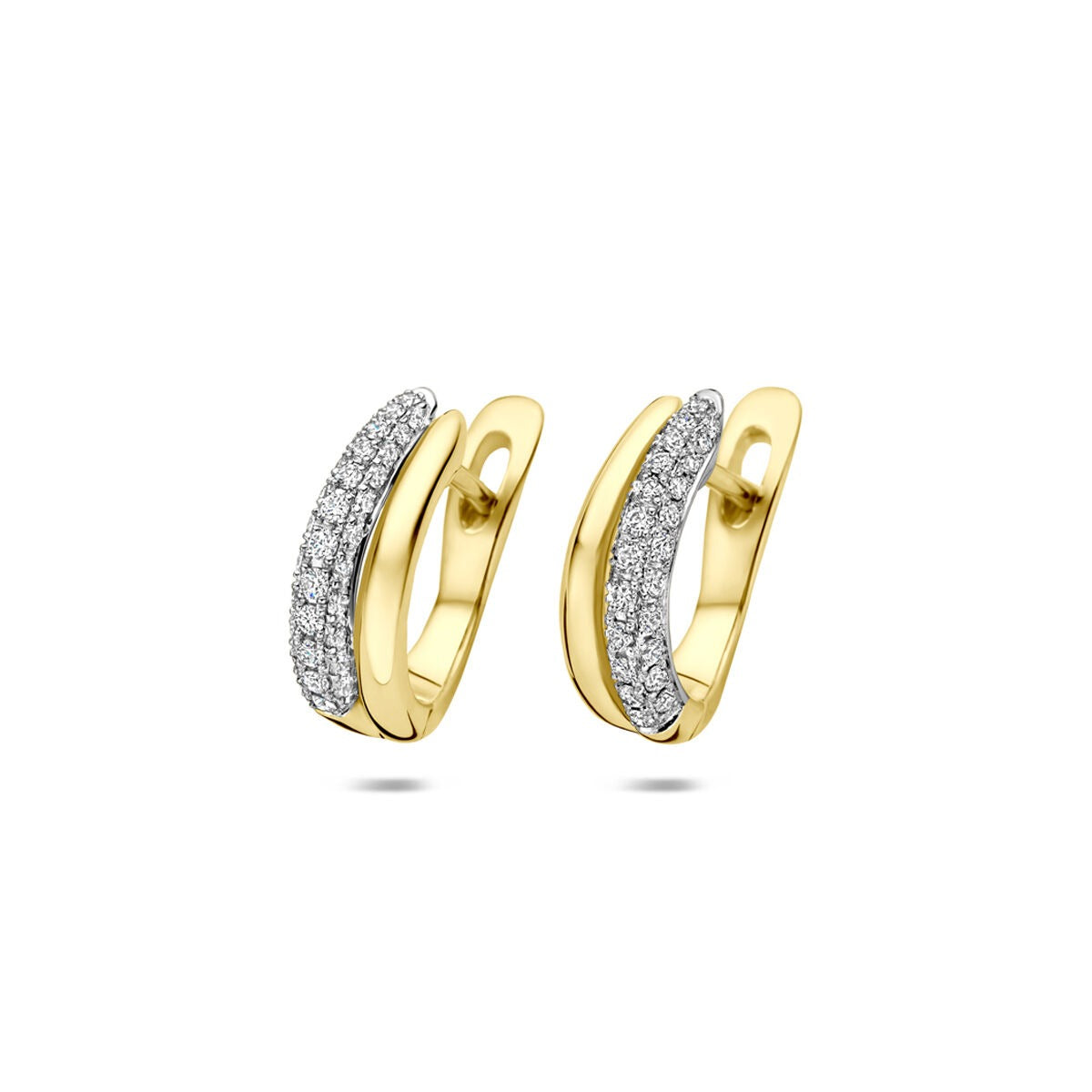 14k Bicolor Goldohrringe mit Diamanten, geschwungene Form und funkelnden Steinen