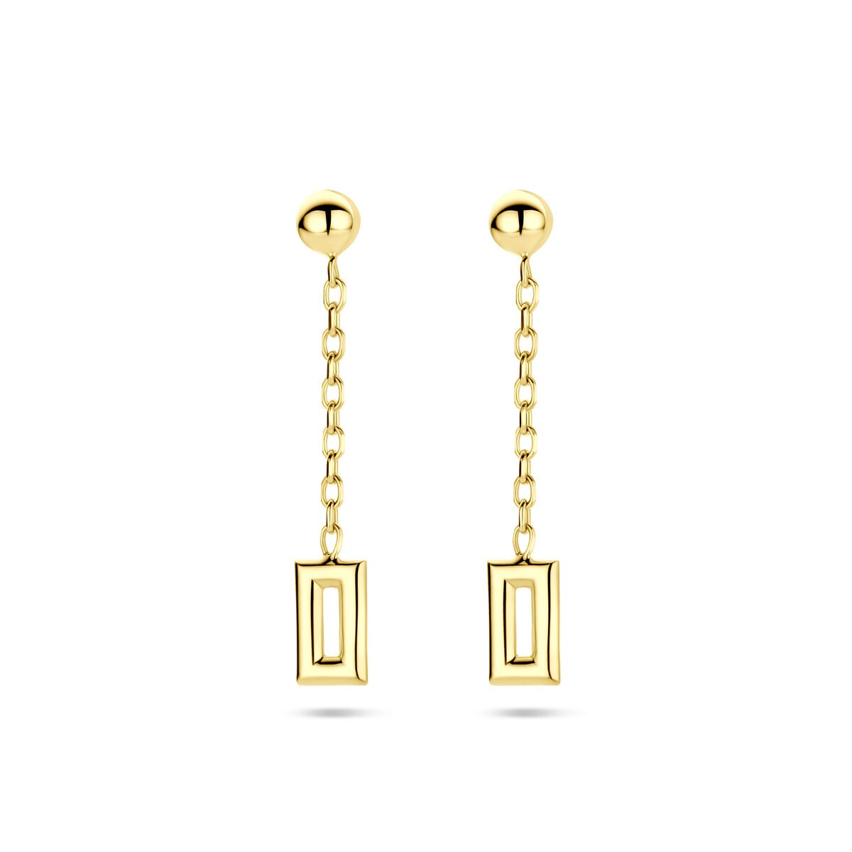 Damenohrringe aus 14k Gelbgold mit 28 mm langen Ketten und rechteckigen Anhängern