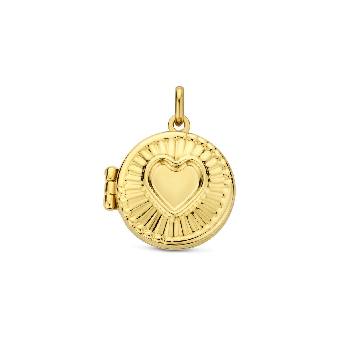 14k gelbgoldenes Medaillon mit herzförmiger Vertiefung und feiner Rillenstruktur