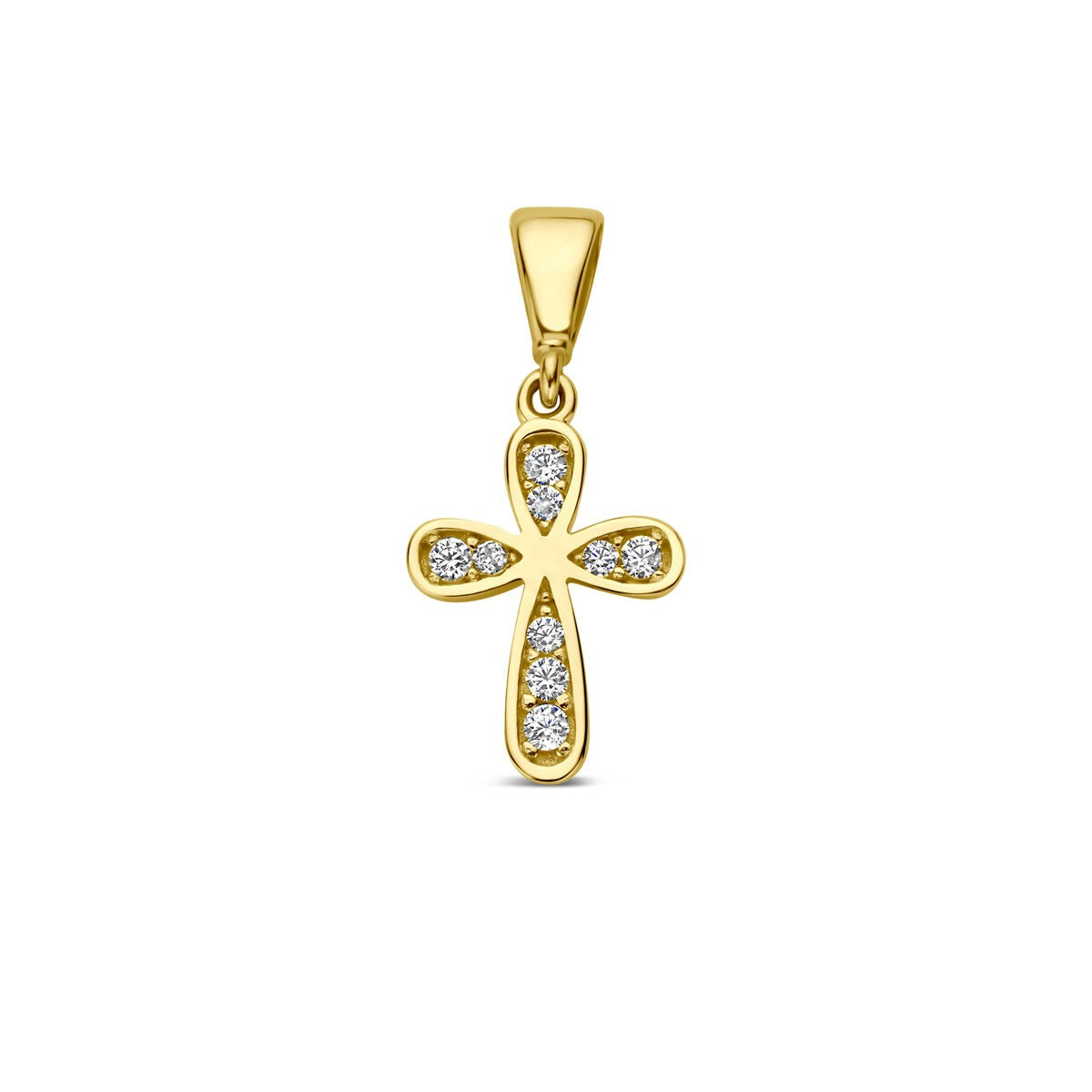 Hänger in Form eines Kreuzes aus 9-karätigem Gelbgold mit Zirkonia-Steinen