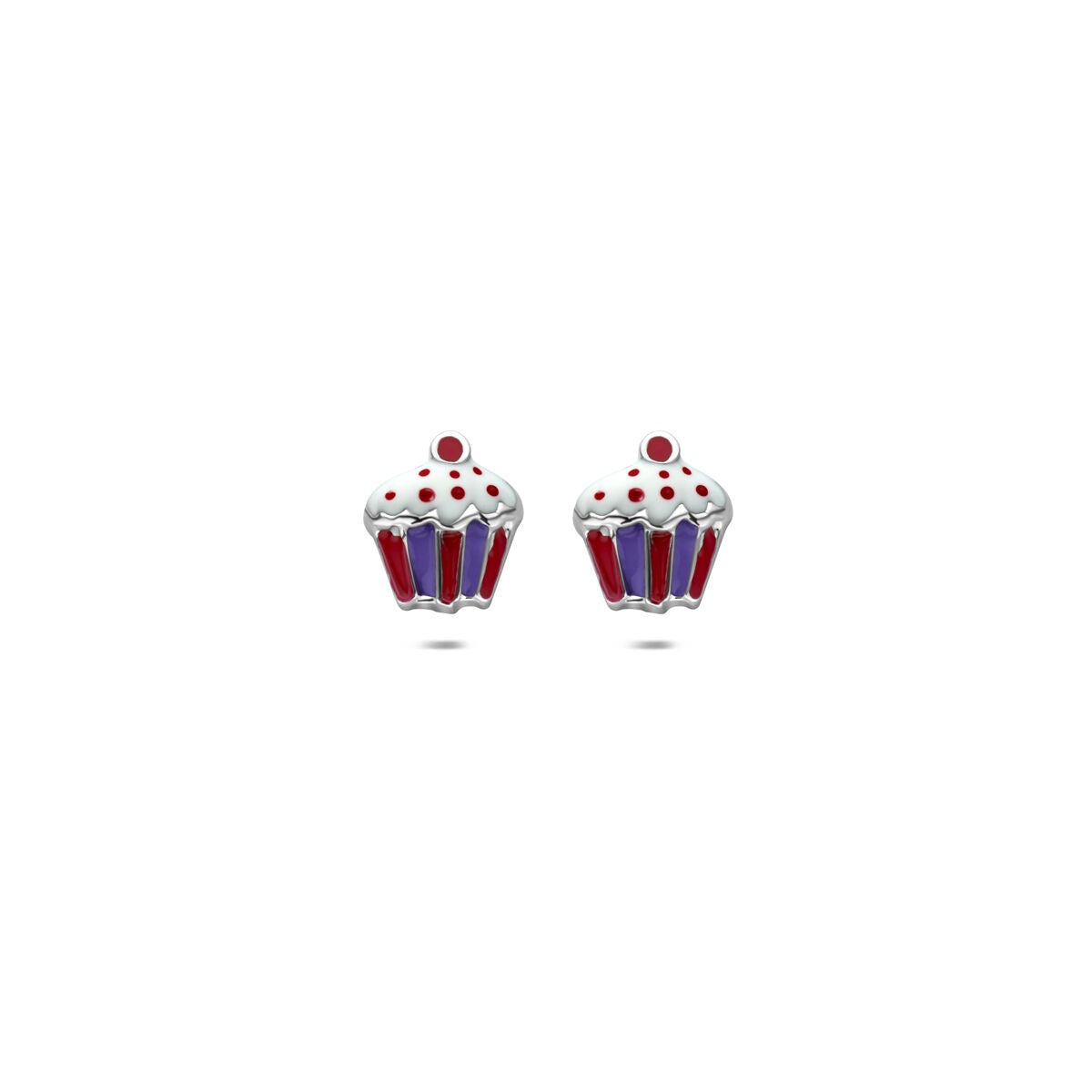 Silberne Ohrringe in Form von Cupcakes mit roter und blauer Emaille, Durchmesser 7,5 mm
