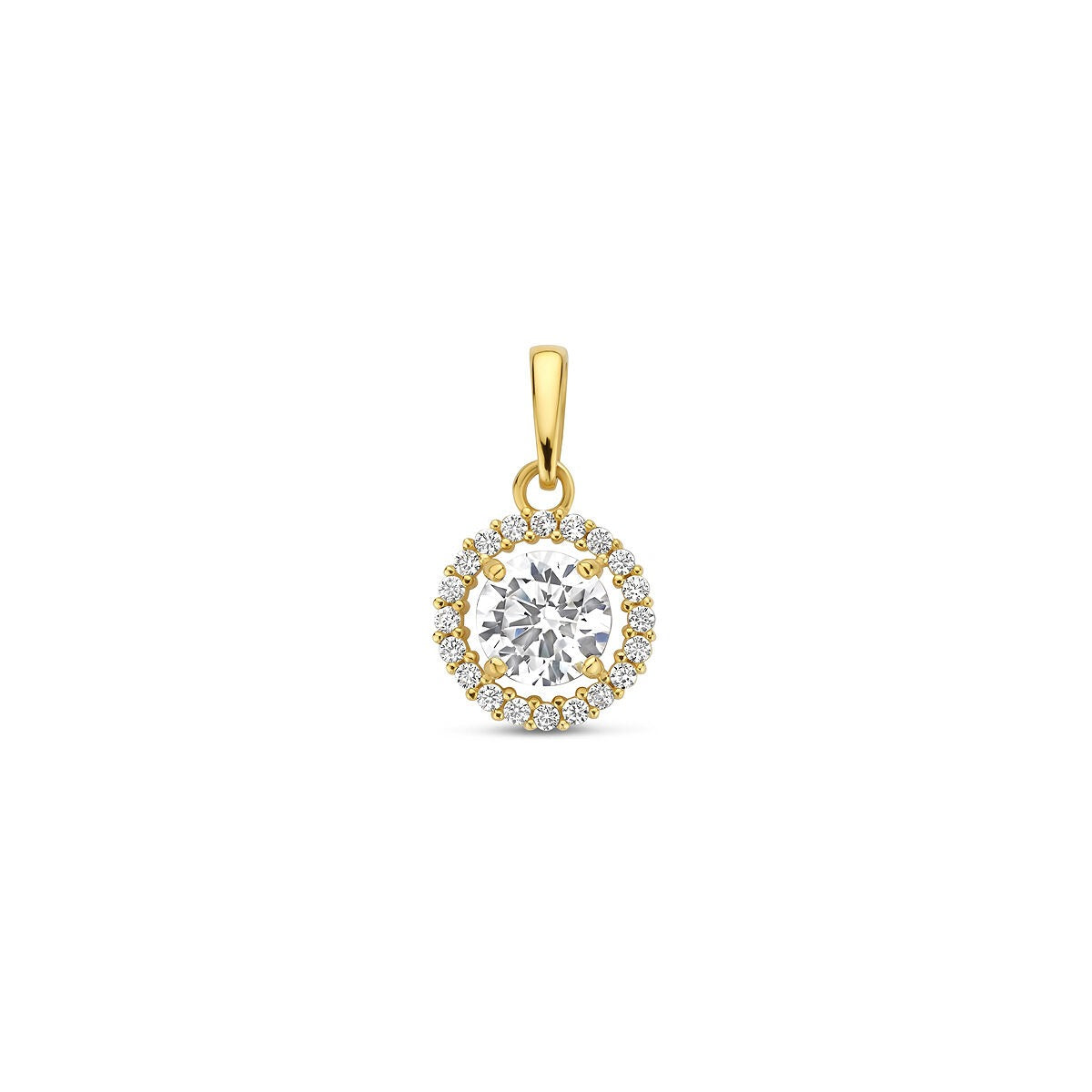 Goldener Anhänger mit Zirkonia, umgeben von kleinen Steinen im Entourage-Stil