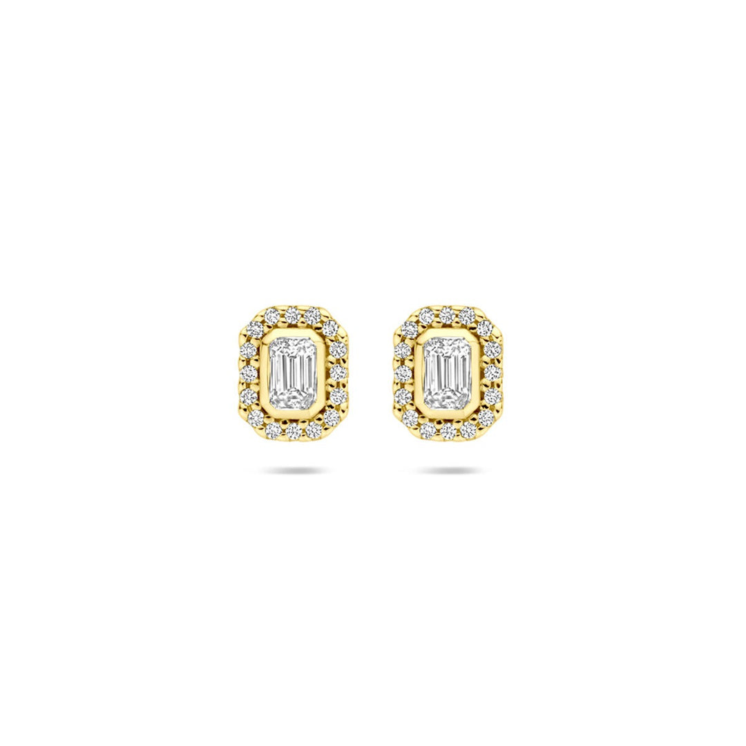 14k geelgouden oorknoppen met emerald geslepen diamant