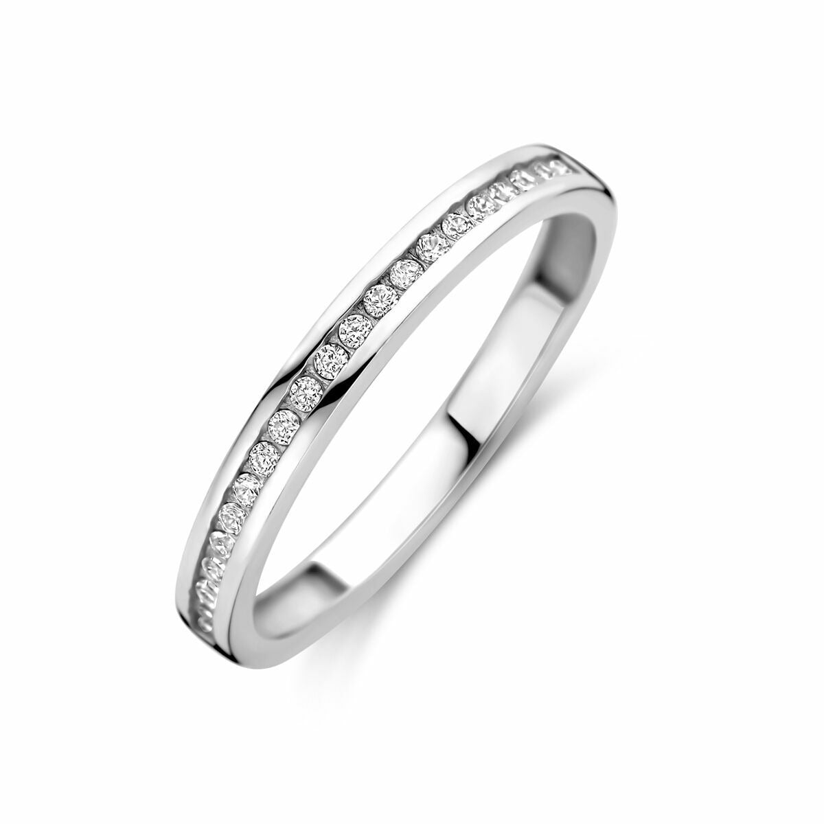 Zweiteilige silberner Ring aus rhodiniertem 925 Silber mit Zirkonia-Steinen entlang der Oberseite