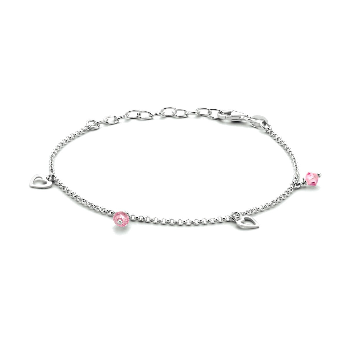 Silbernes Kinder-Ankelband mit rosa Stein und Herzanhängern aus rhodiniertem 925 Silber