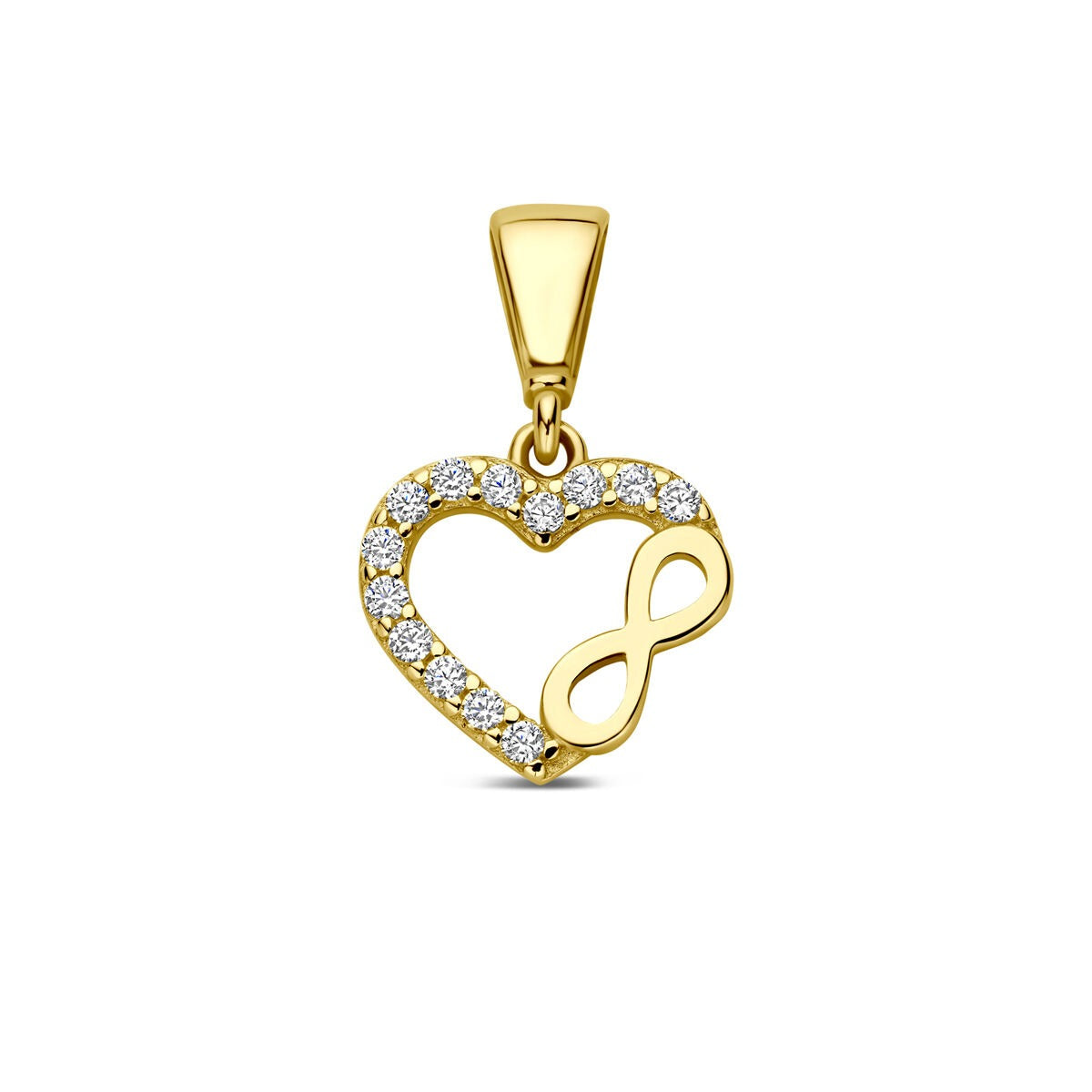 Herzanhänger aus 9k Gelbgold mit Infinity-Symbol und Zirkonia-Steinen