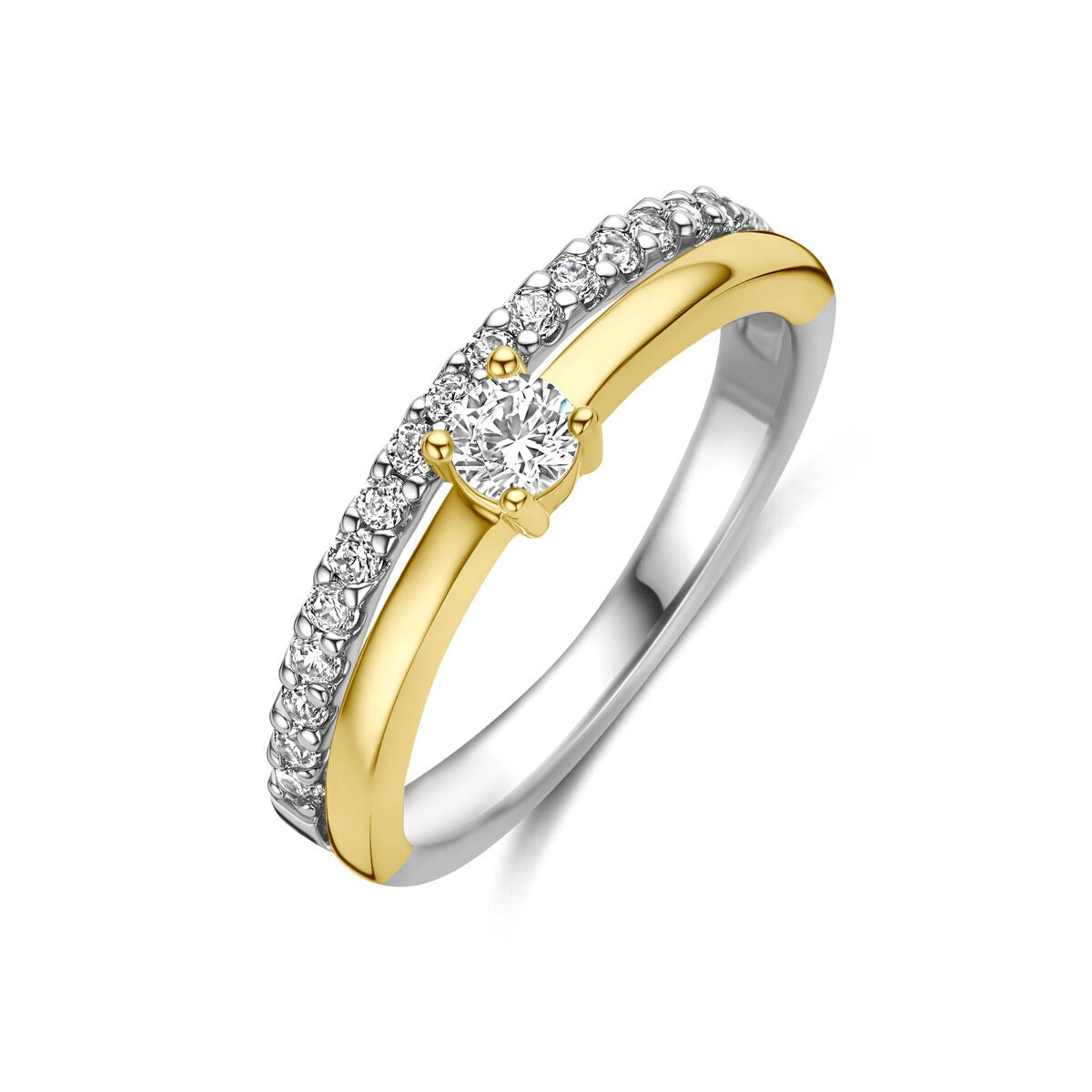 Ring aus vergoldetem und rhodiniertem Silber mit Zirkonia, mit einem zentralen Stein und funkelnden Details.