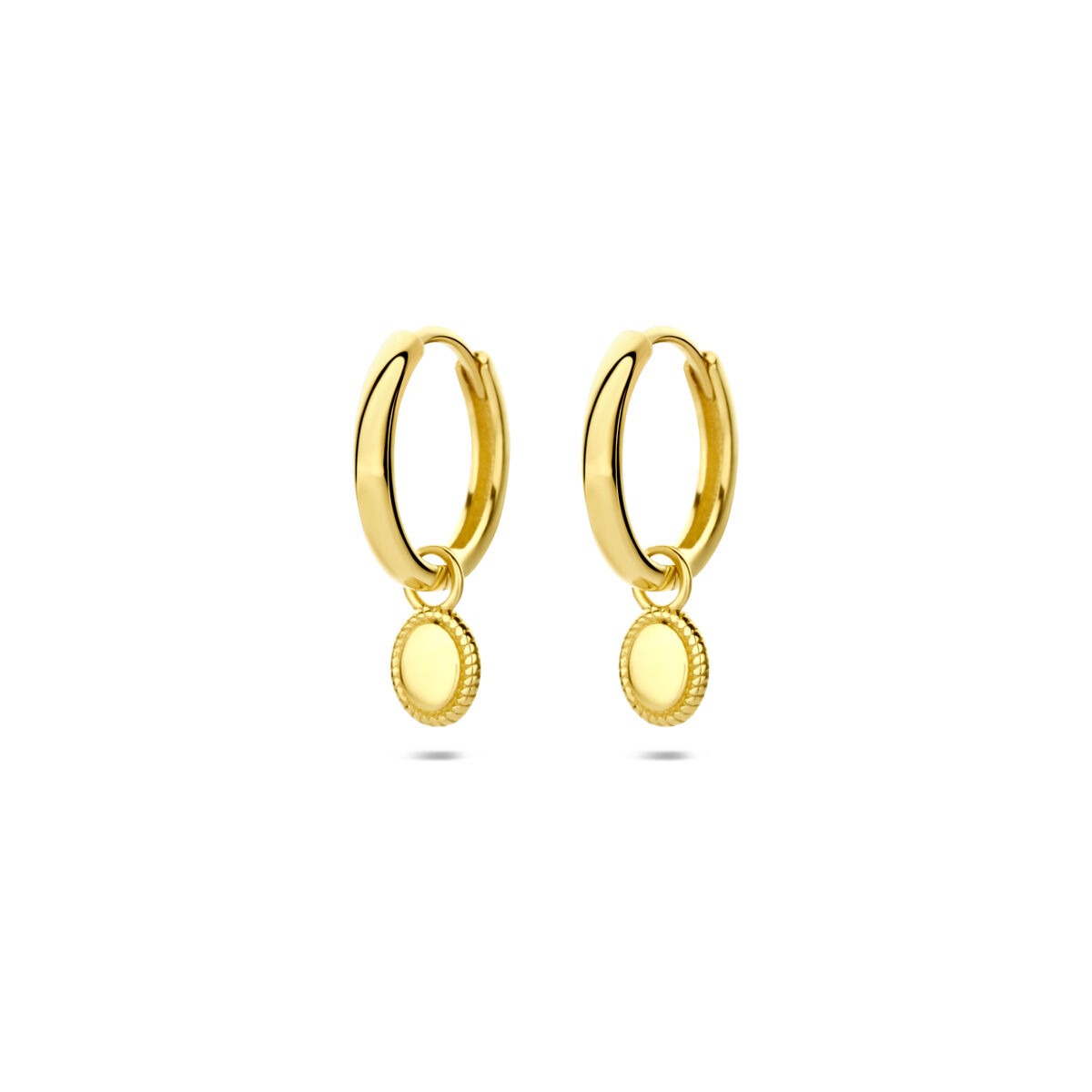 14k gelbgoldene Klappohrringe mit runden Anhängern in zeitloser Eleganz