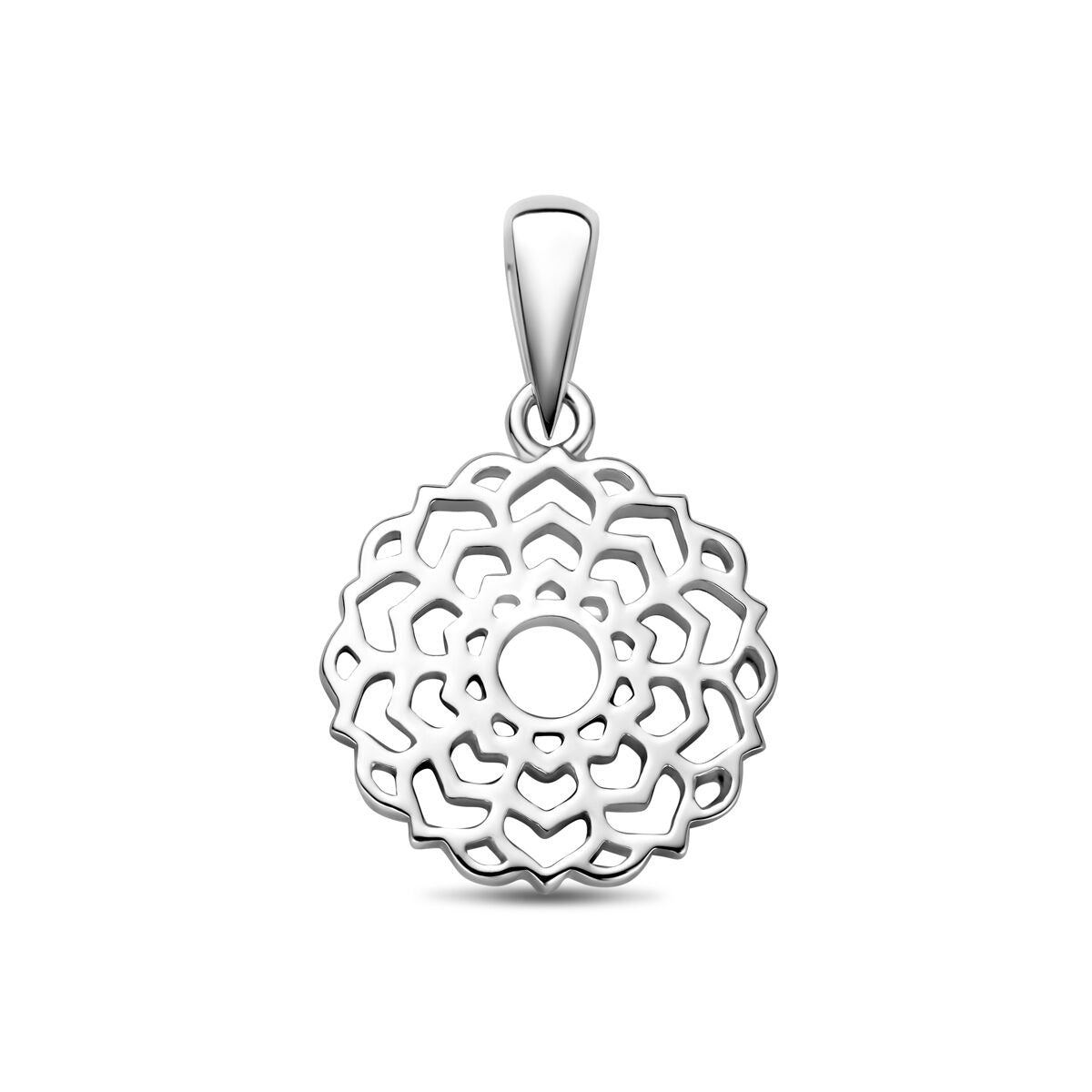 Blumenanhänger aus rhodiniertem Silber mit filigranem, floralem Design und runder Öffnung