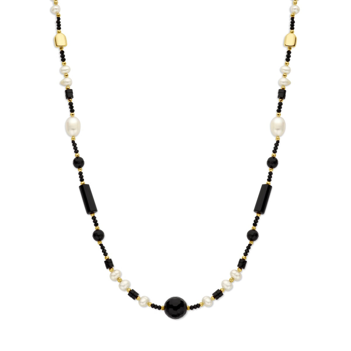 Halskette aus vergoldetem Silber mit Perlen und Onyx, schwarze und weiße Elemente in verschiedenen Formen