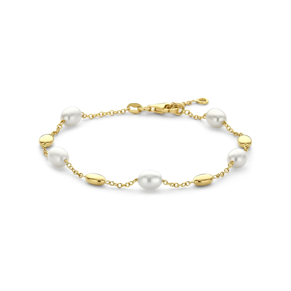 Armband aus 14k Gelbgold mit weißen Perlen und goldenen Elementen