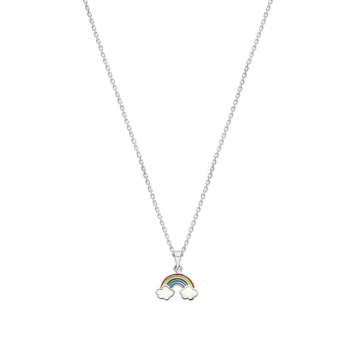 Silberne Kinderkette mit buntem Regenbogen-Anhänger und Emaille-Details