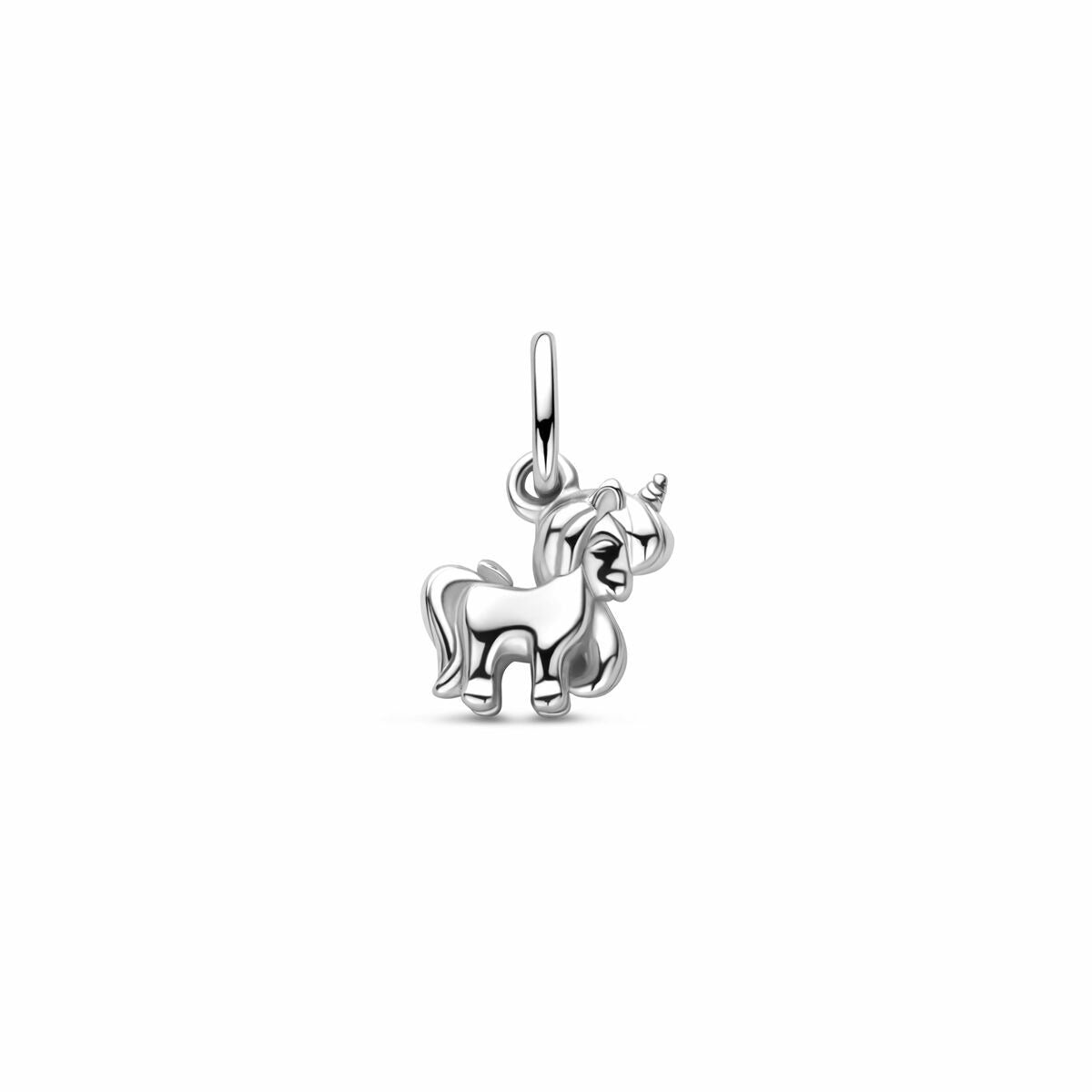 Ein rhodinierter Kinderanhänger in Form eines Einhorns aus 925 Silber, 12 mm groß