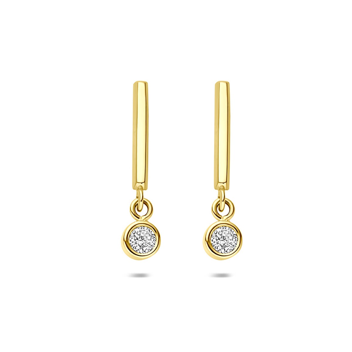 14k Gelbgoldene Ohrringe mit brillantgeschliffenen Zirkonia, hängendes Design mit runder Fassung