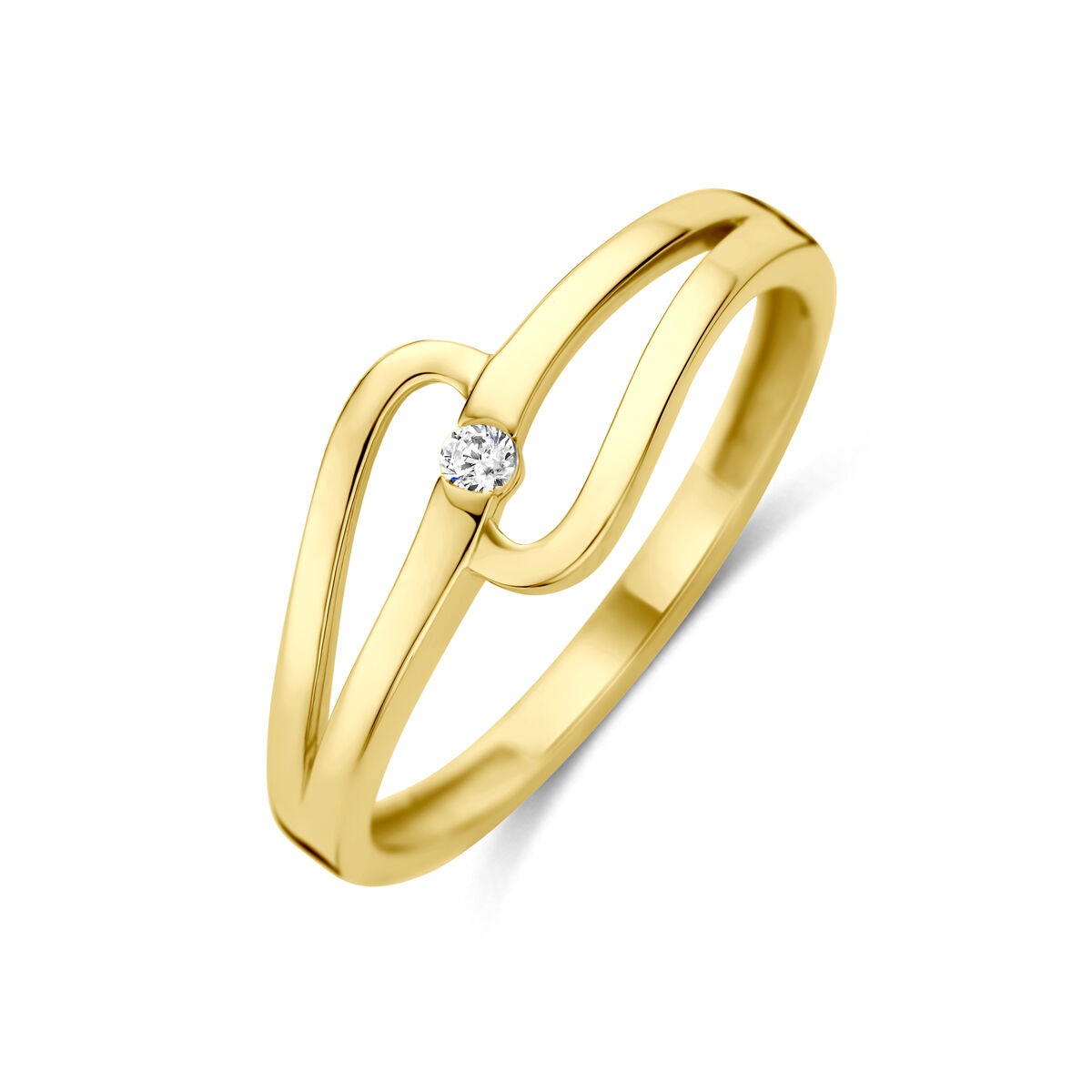 Ring aus 14k Gelbgold mit einem Zirkonia-Solitär und geschwungenem Design