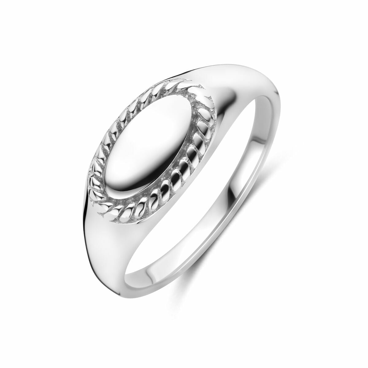 Damen Siegelring aus rhodiniertem 925 Silber mit ovaler, glatter Fläche und gedrehtem Rand