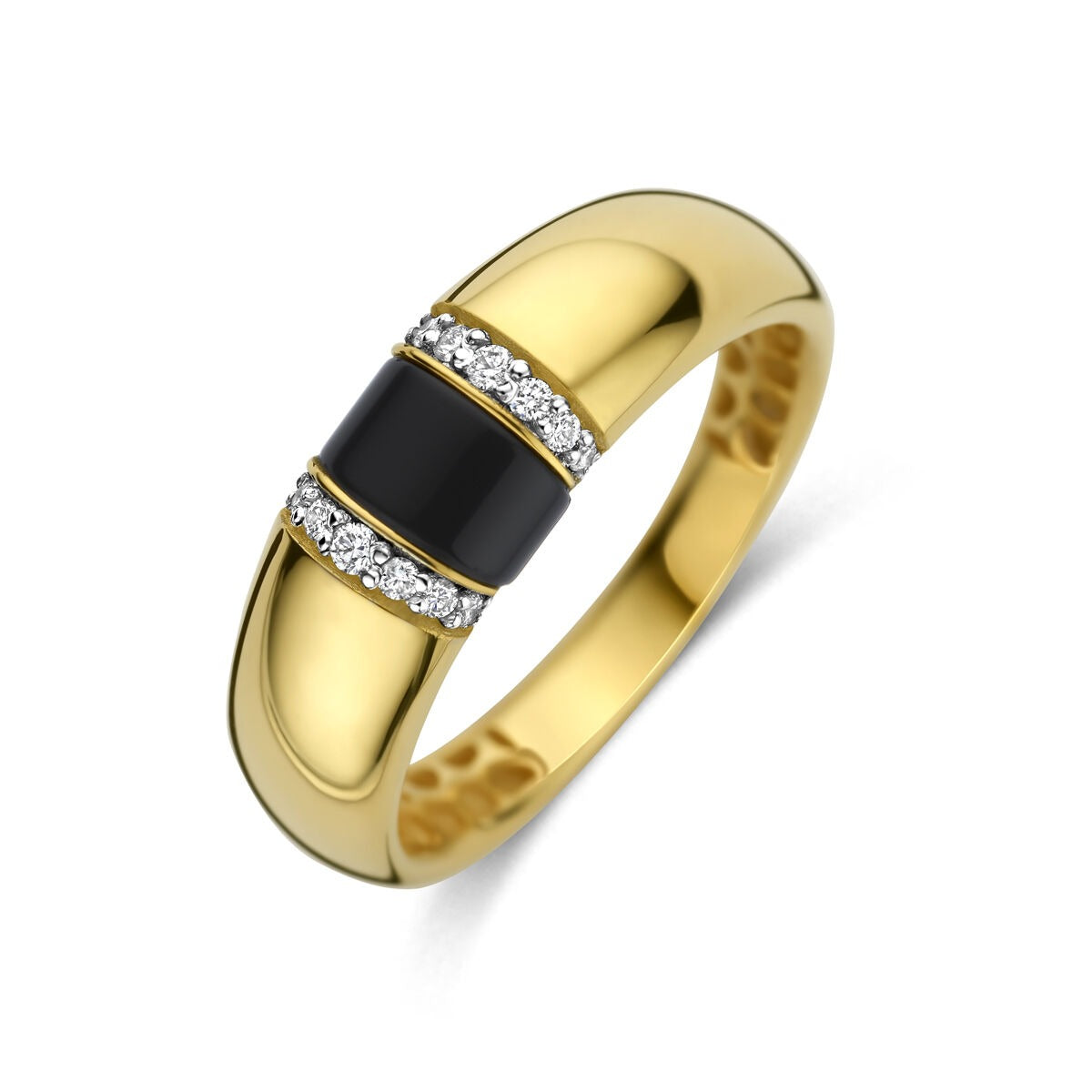 Damenring aus 14k Gelbgold mit schwarzem Onyx und Diamanten, 6,5 mm breit