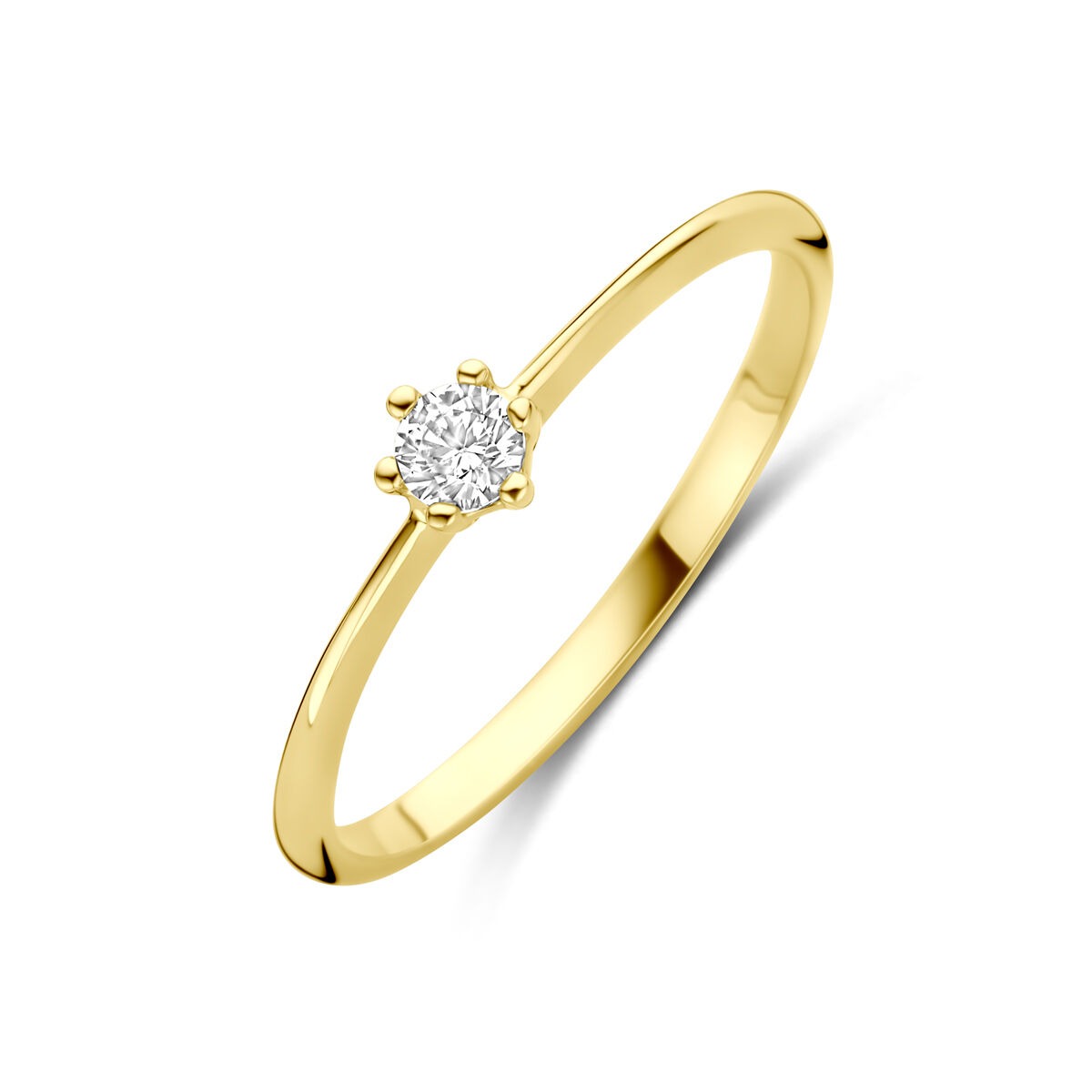 Damenring aus 14k Gelbgold mit einem einzelnen Zirkonia in runder Fassung