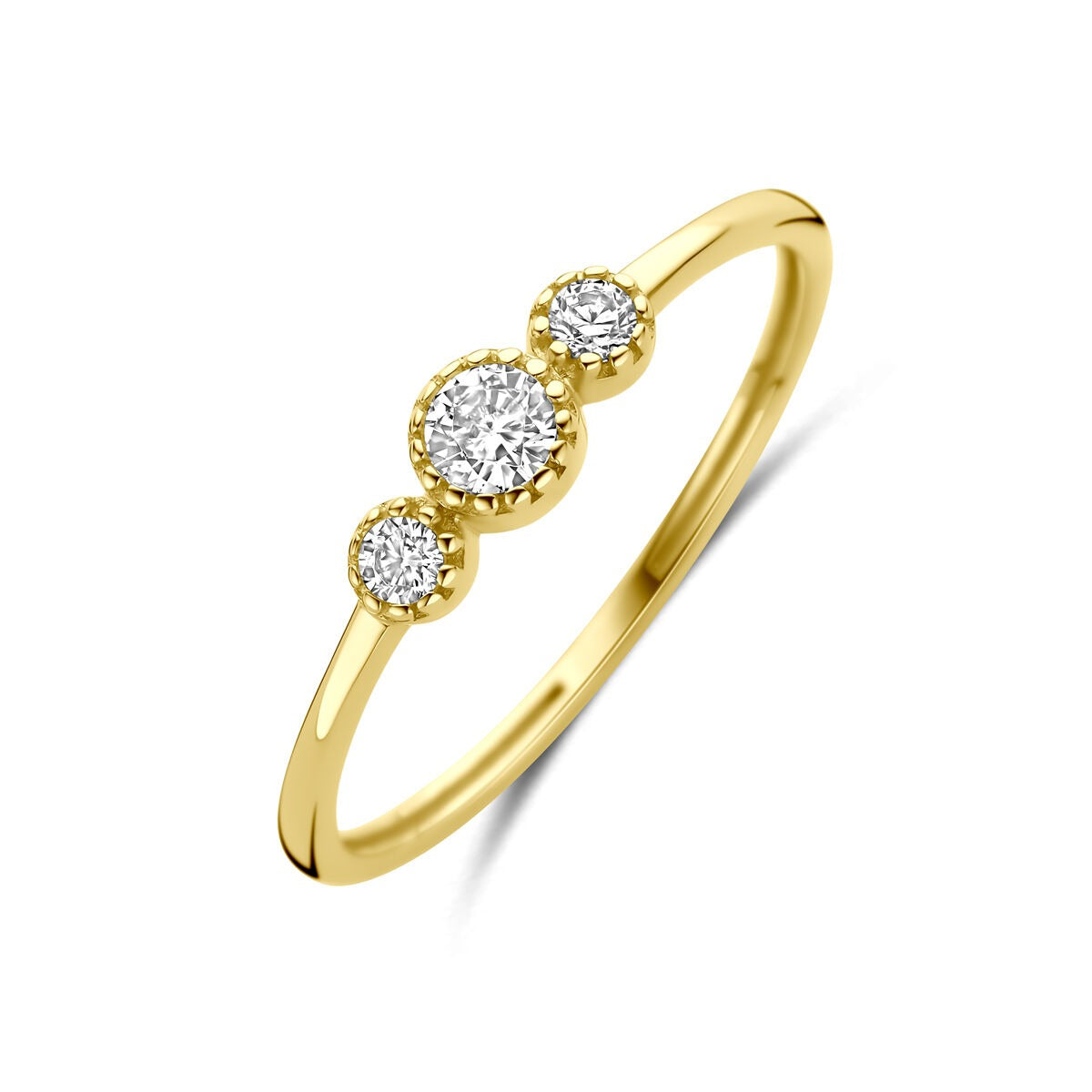 Damenring aus 14k Gelbgold mit drei Zirkonia, mittlerer Stein größer, feine Fassung