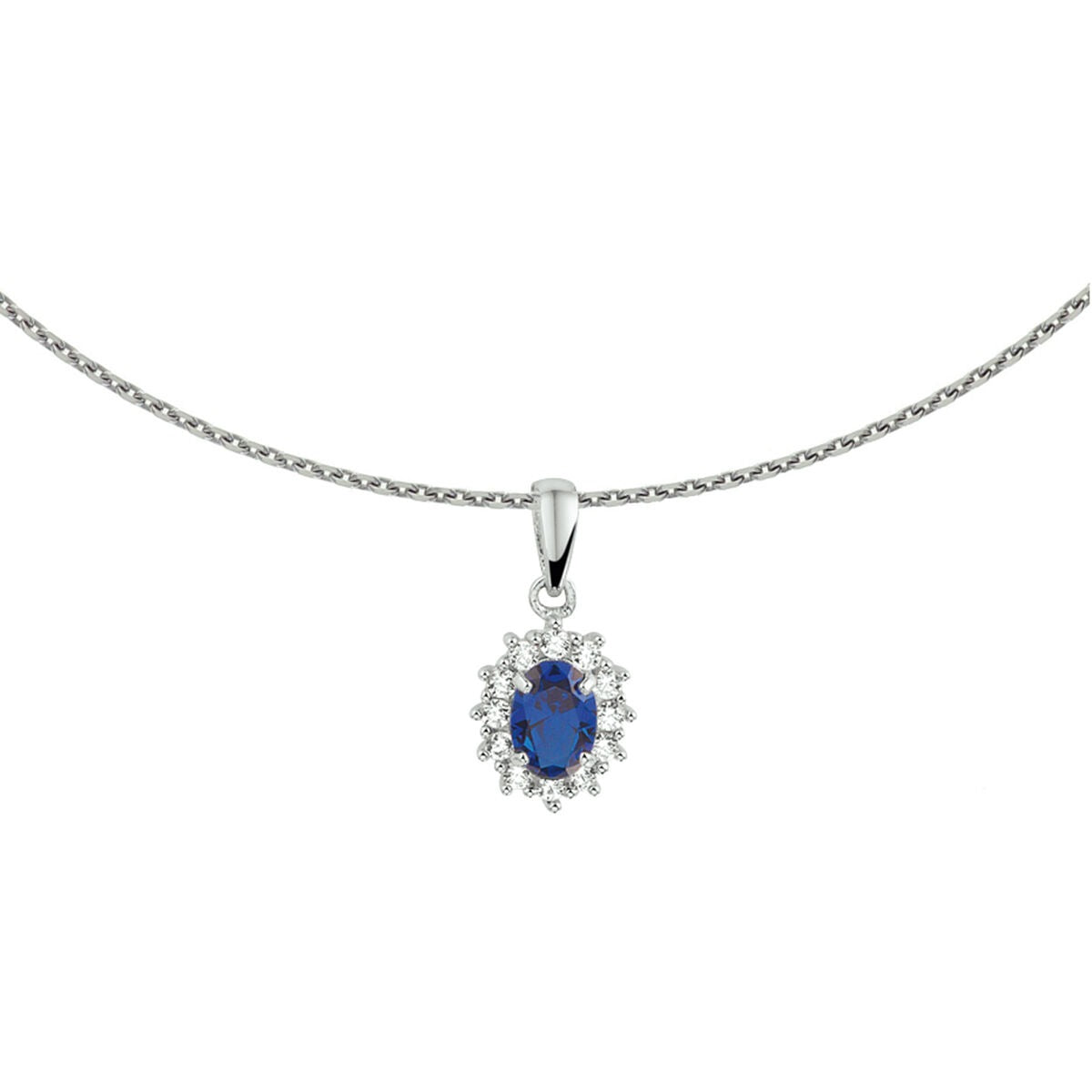 Halskette aus rhodiniertem Silber mit synthetischem Saphir und Zirkonia, ovaler Anhänger