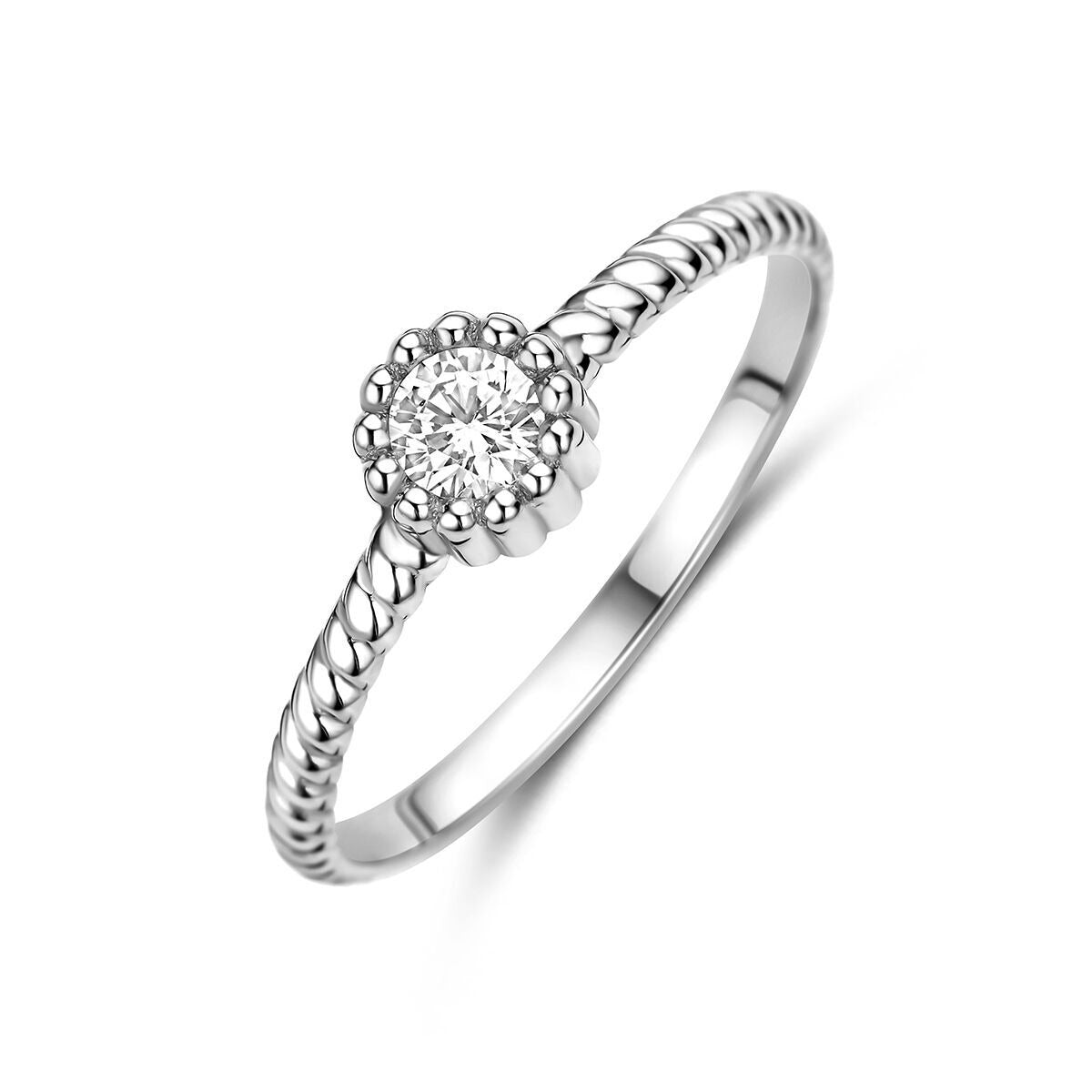 Ring aus rhodiniertem 925 Silber mit Zirkonia und geflochtenem Band.
