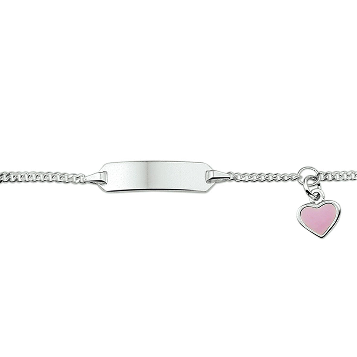 Gravurarmband aus rhodiniertem Silber mit pinkem Emaille-Herzanhänger
