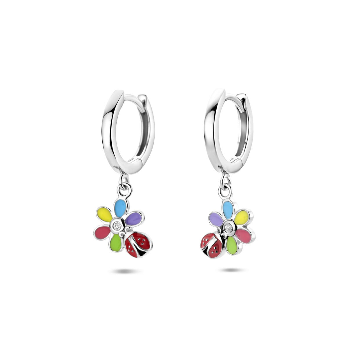 Silberne Kinderohrringe mit buntem Blumenanhänger, Zirkonia und Marienkäfer