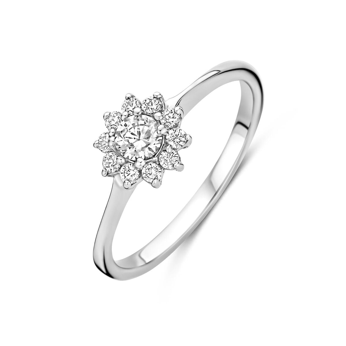 Ring aus rhodiniertem 925 Silber mit Zirkonia, blütenförmigem Design und glänzender Oberfläche