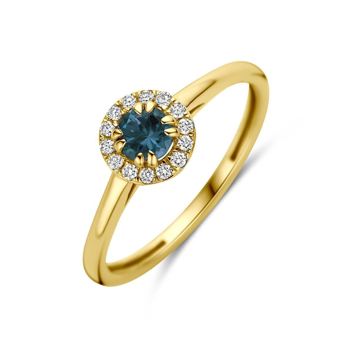 Ring aus 14k Gelbgold mit London blue Topas und lab-grown Diamanten im Brillantschliff