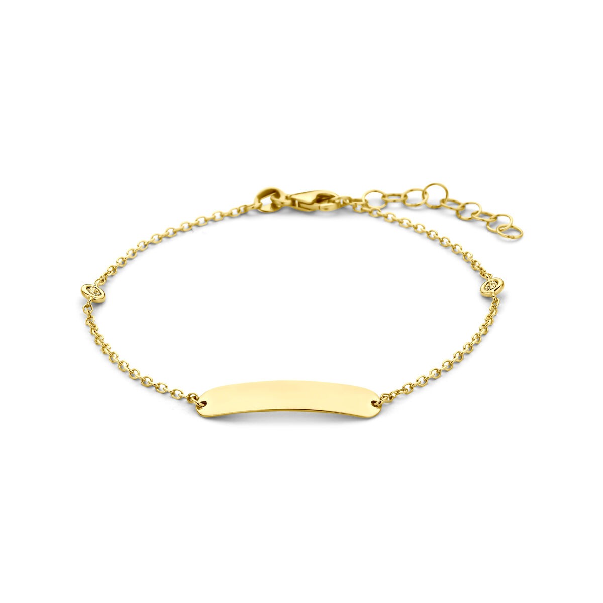 Gravurarmband aus 14k Gelbgold mit lab-grown Diamant, flache Platte und feine Kette