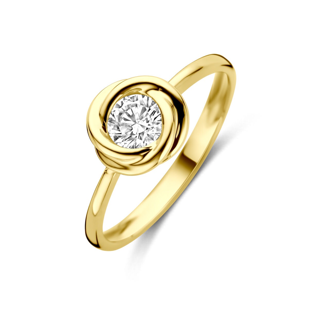 Damenring aus 14k Gelbgold mit rundem Zirkonia in klassischem Design und geflochtenem Detail