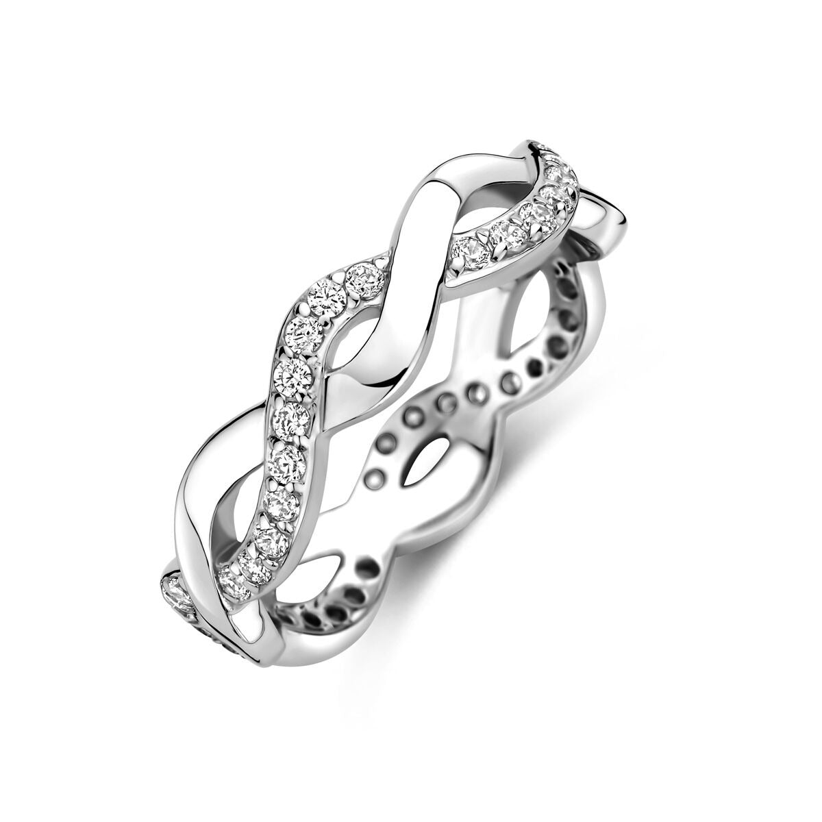 Zilberner Ring mit Zirkonia, 5 mm breit, mit geschwungenem Design und funkelnden Steinen